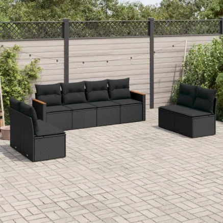 Salon de jardin 8 pcs avec coussins noir résine tressée