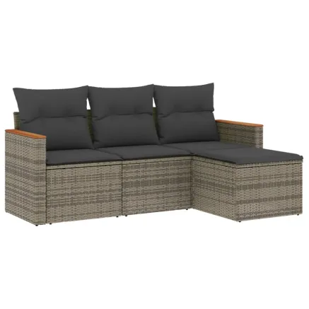 Salon de jardin 4 pcs avec coussins gris résine tressée 2