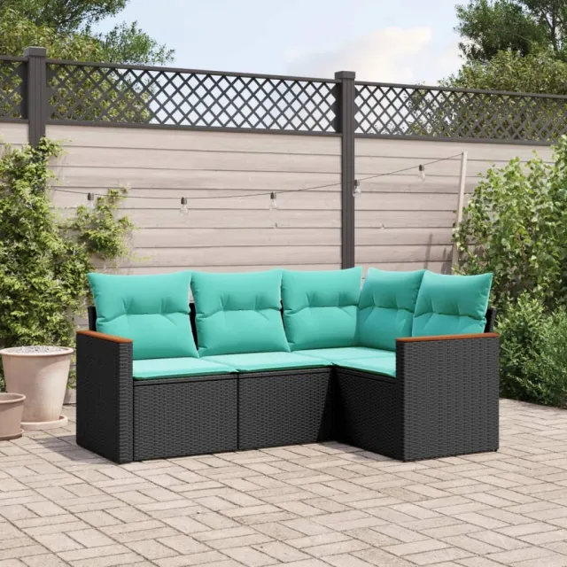 Salon de jardin 4 pcs avec coussins noir résine tressée