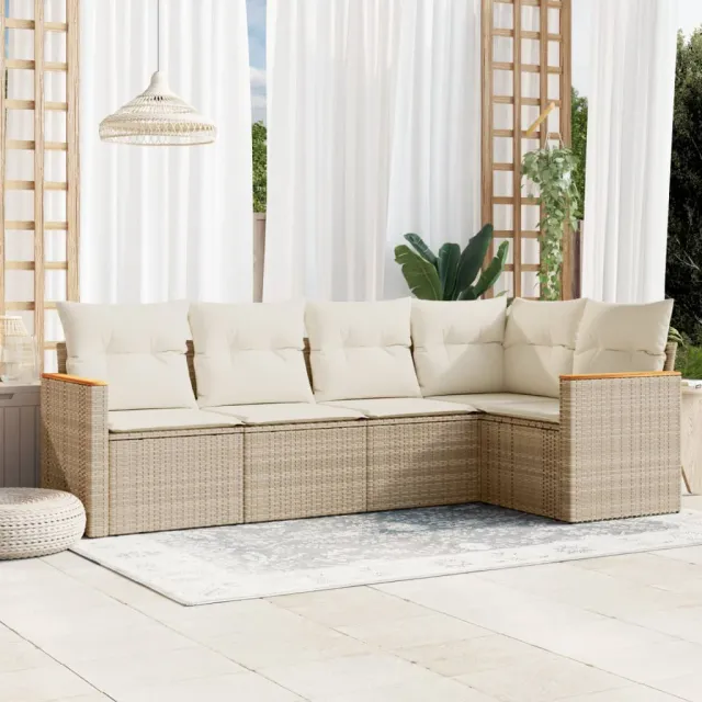 Salon de jardin avec coussins 5 pcs beige résine tressée