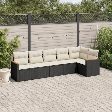 Salon de jardin 6 pcs avec coussins noir résine tressée