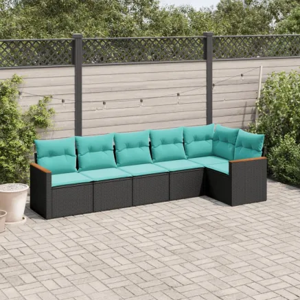 Salon de jardin 6 pcs avec coussins noir résine tressée