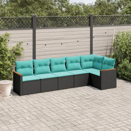 Salon de jardin 6 pcs avec coussins noir résine tressée