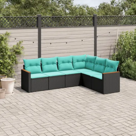 Salon de jardin 6 pcs avec coussins noir résine tressée