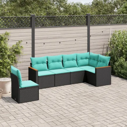 Salon de jardin 6 pcs avec coussins noir résine tressée
