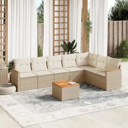Salon de jardin avec coussins 8 pcs beige résine tressée