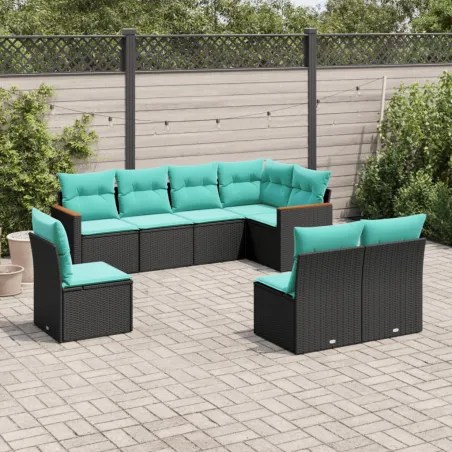 Salon de jardin 8 pcs avec coussins noir résine tressée