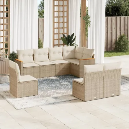 Salon de jardin avec coussins 8 pcs beige résine tressée