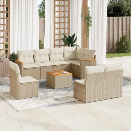Salon de jardin avec coussins 9 pcs beige résine tressée