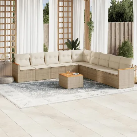 Salon de jardin avec coussins 10 pcs beige résine tressée