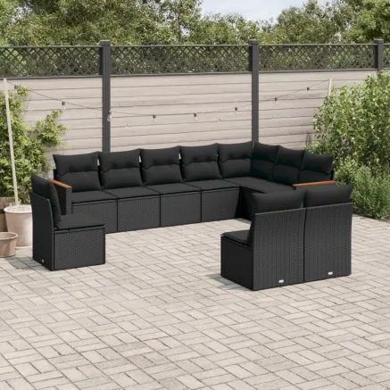 Salon de jardin 10 pcs avec coussins noir résine tressée