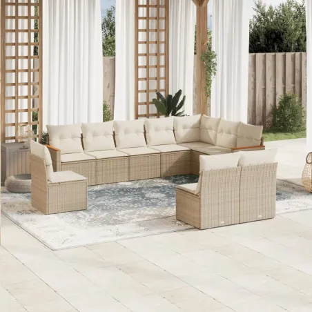 Salon de jardin avec coussins 10 pcs beige résine tressée