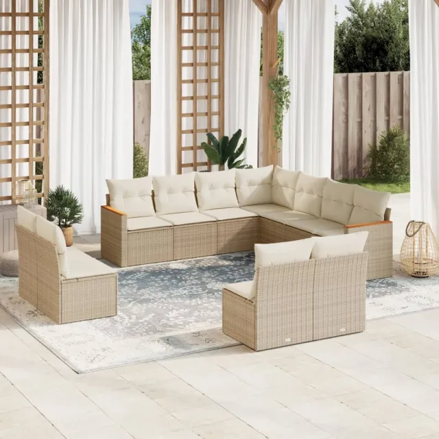 Salon de jardin 11 pcs avec coussins beige résine tressée