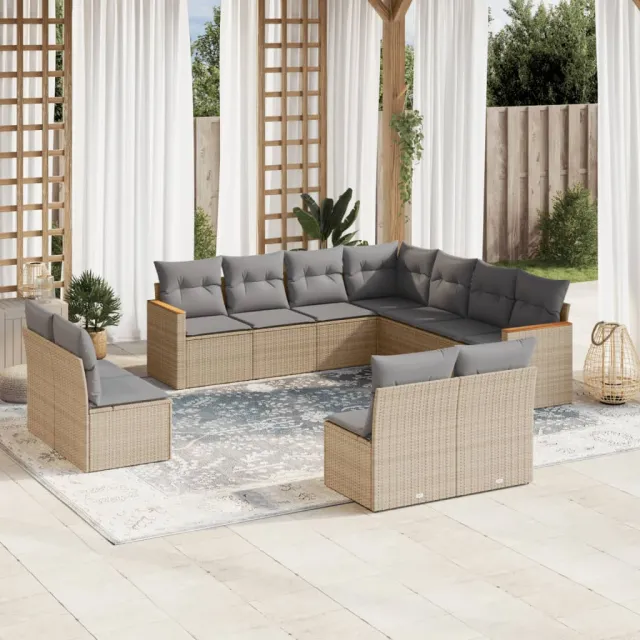 Salon de jardin et coussins 11 pcs mélange beige résine tressée