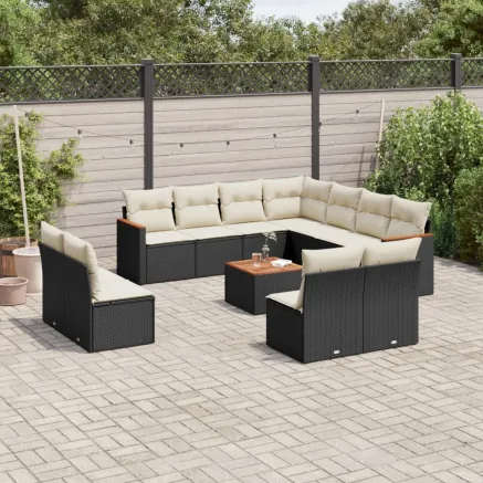 Salon de jardin 12 pcs avec coussins noir résine tressée