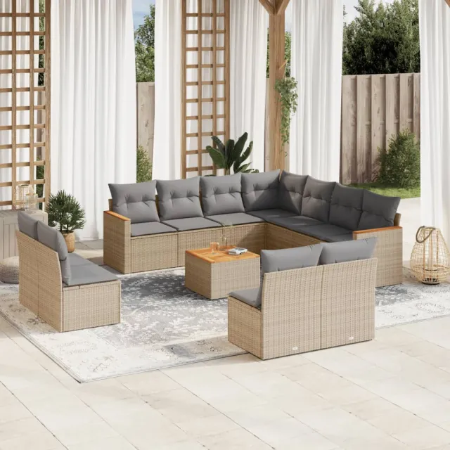 Salon de jardin et coussins 12 pcs mélange beige résine tressée