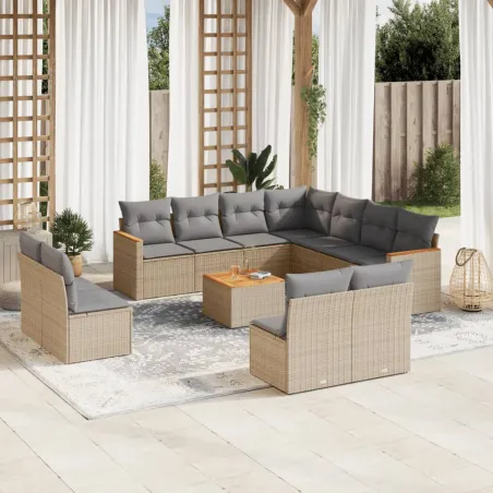 Salon de jardin et coussins 12 pcs mélange beige résine tressée