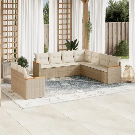 Salon de jardin avec coussins 9 pcs beige résine tressée