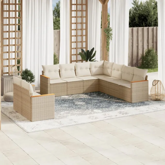 Salon de jardin avec coussins 9 pcs beige résine tressée