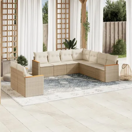 Salon de jardin avec coussins 9 pcs beige résine tressée