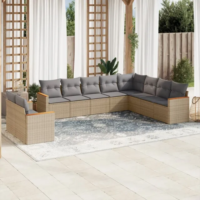 Salon de jardin et coussins 10 pcs mélange beige résine tressée