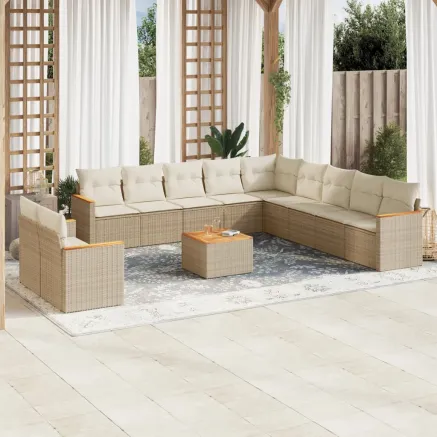Salon de jardin avec coussins 12 pcs beige résine tressée