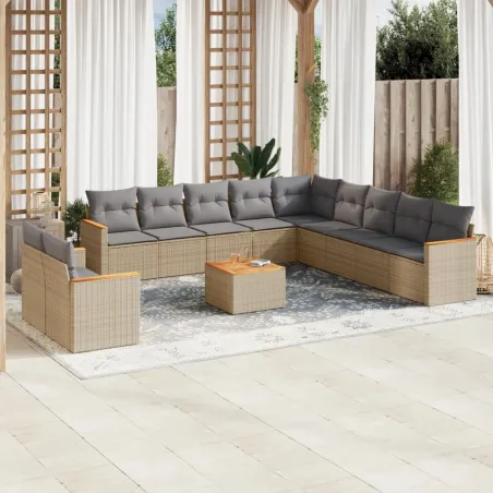 Salon de jardin et coussins 12 pcs mélange beige résine tressée