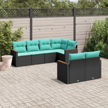 Salon de jardin 7 pcs avec coussins noir résine tressée