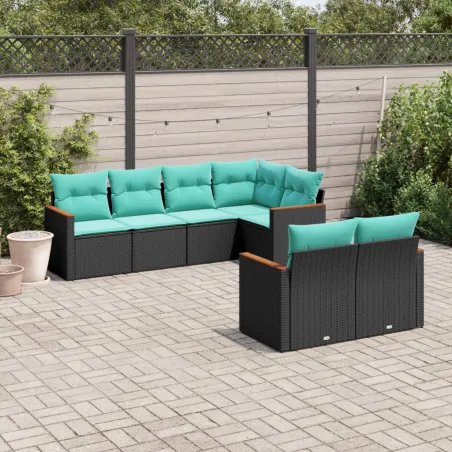 Salon de jardin 7 pcs avec coussins noir résine tressée