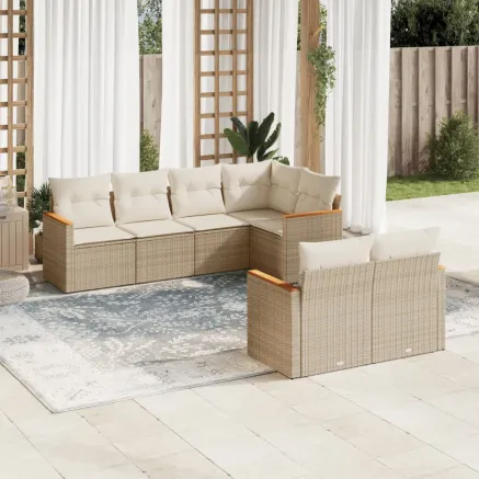 Salon de jardin avec coussins 7 pcs beige résine tressée