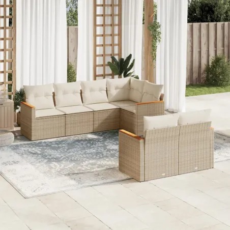 Salon de jardin avec coussins 7 pcs beige résine tressée