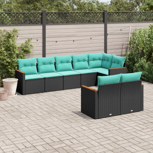 Salon de jardin 8 pcs avec coussins noir résine tressée