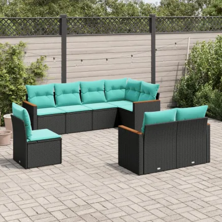 Salon de jardin 8 pcs avec coussins noir résine tressée