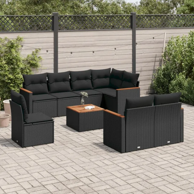 Salon de jardin 9 pcs avec coussins noir résine tressée
