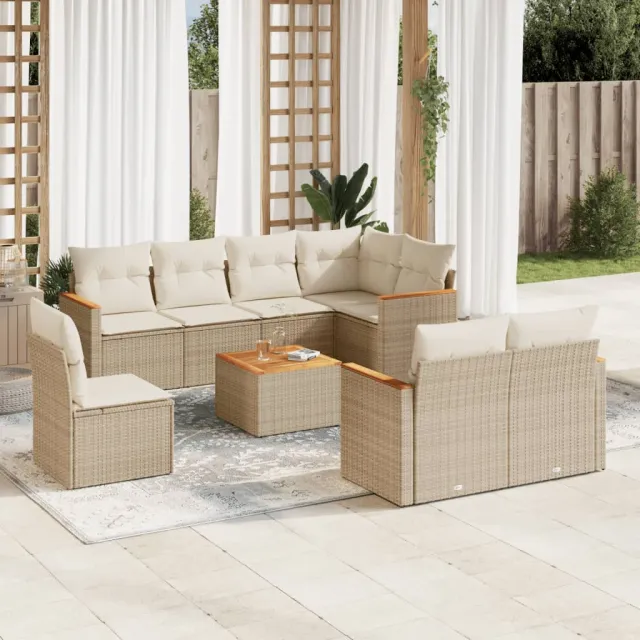 Salon de jardin avec coussins 9 pcs beige résine tressée