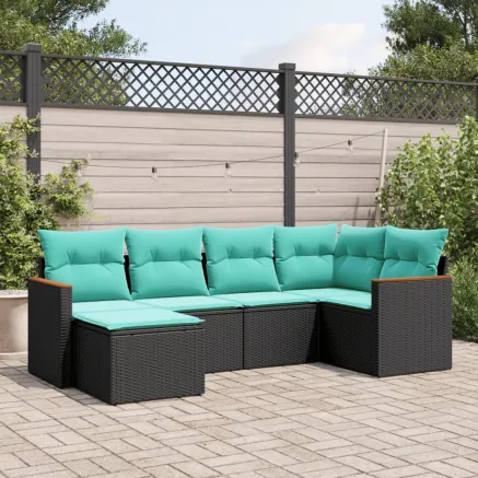Salon de jardin 6 pcs avec coussins noir résine tressée