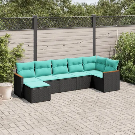 Salon de jardin 7 pcs avec coussins noir résine tressée