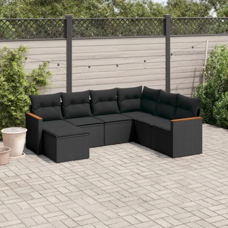 Salon de jardin 7 pcs avec coussins noir résine tressée