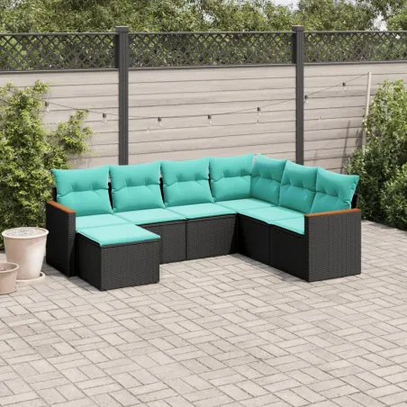 Salon de jardin 7 pcs avec coussins noir résine tressée