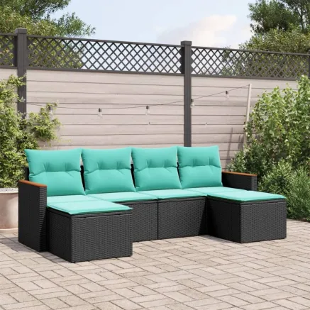 Salon de jardin 6 pcs avec coussins noir résine tressée