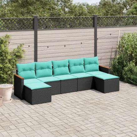 Salon de jardin 7 pcs avec coussins noir résine tressée