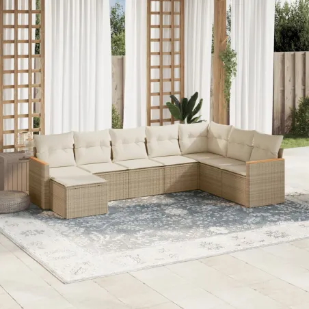 Salon de jardin avec coussins 8 pcs beige résine tressée