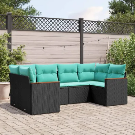 Salon de jardin 6 pcs avec coussins noir résine tressée