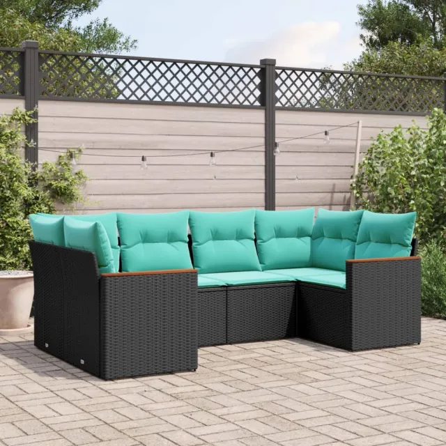 Salon de jardin 6 pcs avec coussins noir résine tressée