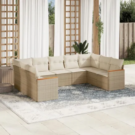 Salon de jardin avec coussins 9 pcs beige résine tressée