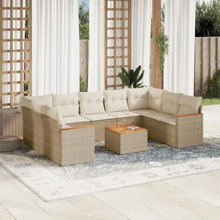 Salon de jardin avec coussins 10 pcs beige résine tressée