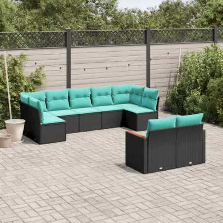 Salon de jardin 9 pcs avec coussins noir résine tressée