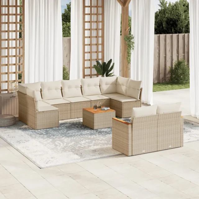 Salon de jardin avec coussins 10 pcs beige résine tressée