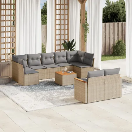 Salon de jardin et coussins 10 pcs mélange beige résine tressée
