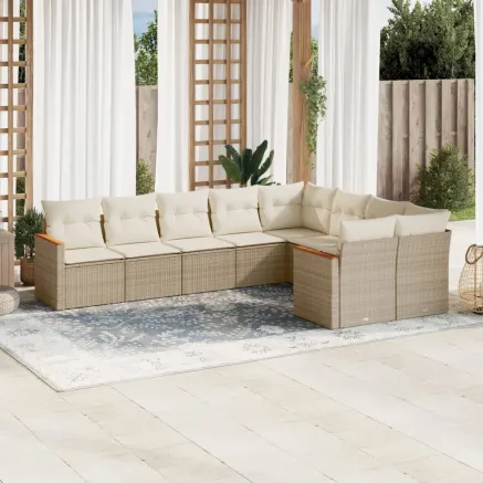 Salon de jardin avec coussins 9 pcs beige résine tressée